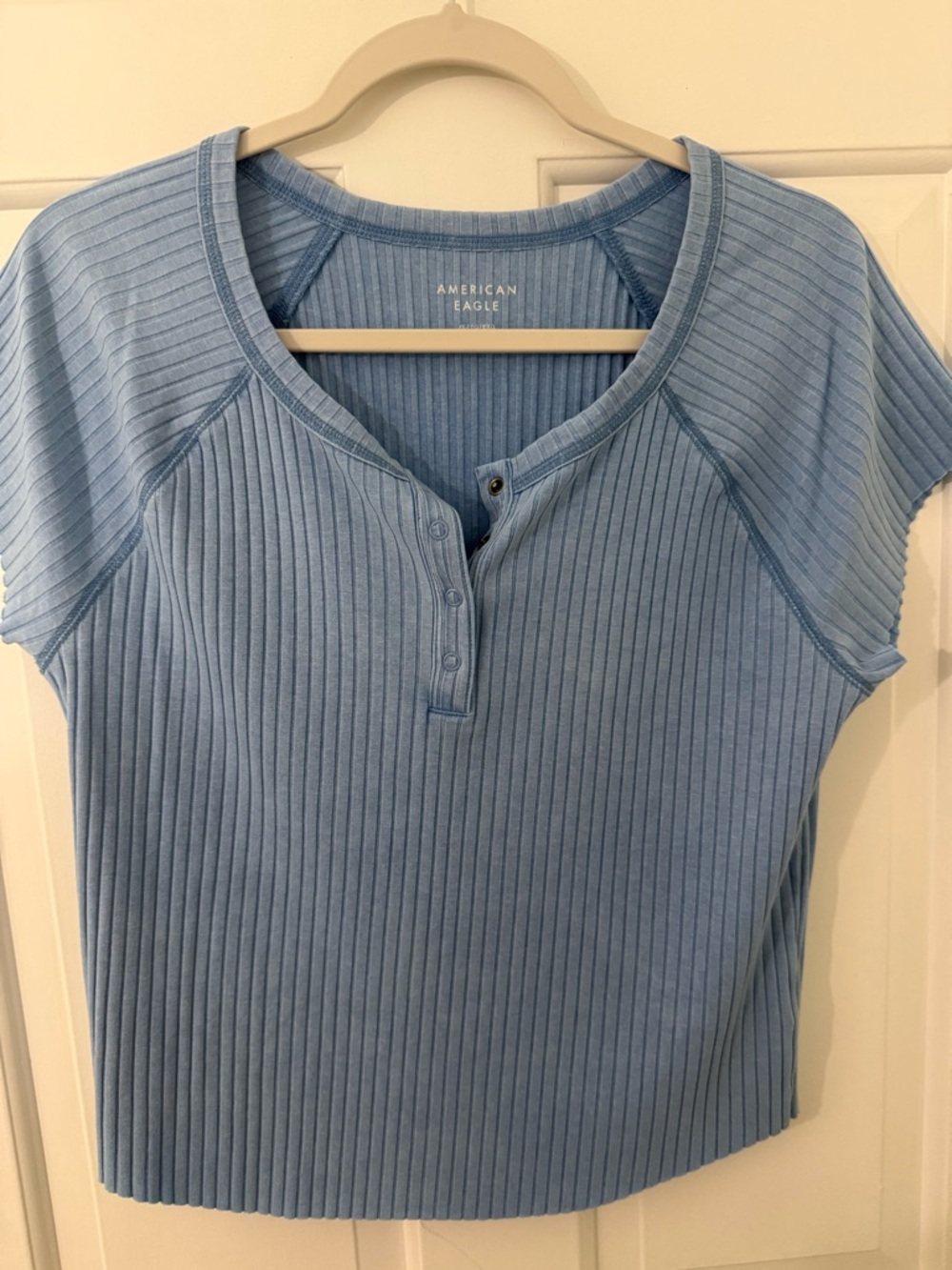 American Eagle Outfitters Sky Blue Ribbed Henley Crop Tee